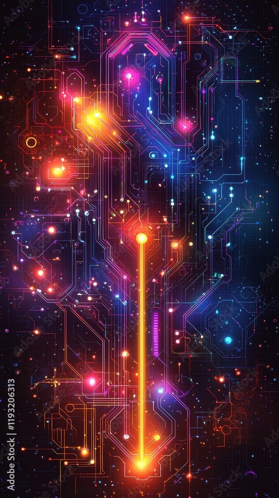 Fototapete Digital neon lines in a retro futuristic style on a graphics poster, set as a mobile phone background