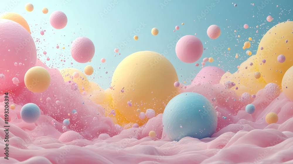 Poster a captivating 3d visualization with vibrant, abstract shapes and floating elements presented on a so
