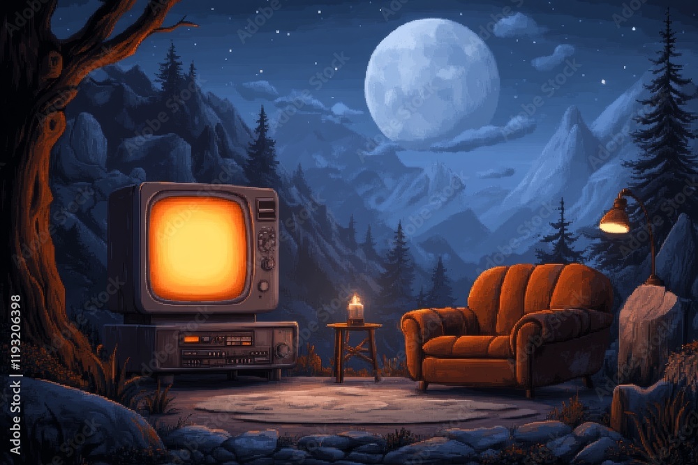 Poster a pixel art depiction of a retro tv setup with animated vhs tapes, a glowing screen, and nostalgic 8