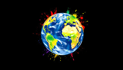 painterly planet earth globe illustration with colourful paint splashes isolated on black background, with white tones