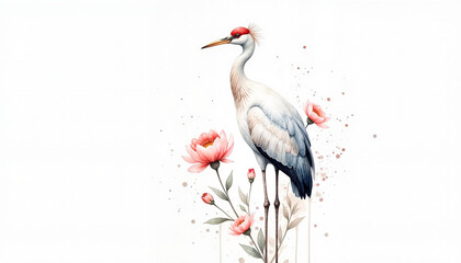 Obraz premium Elegant crane with blooming flowers on white background, artistic beauty