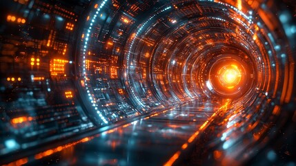 Obraz premium Futuristic tunnel of dynamic technology acceleration, showcasing digital art in a sci-fi environment, close-up view of the innovation concept