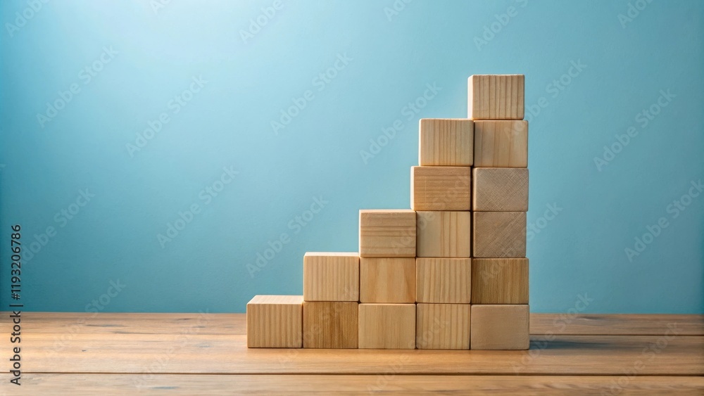 Poster wooden blocks ascending in a stair-step pattern on a table against a light blue background