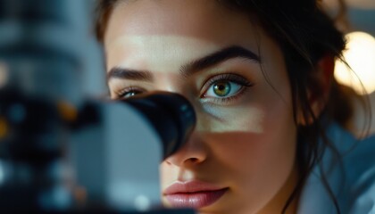 Young caucasian female scientist observing through microscope