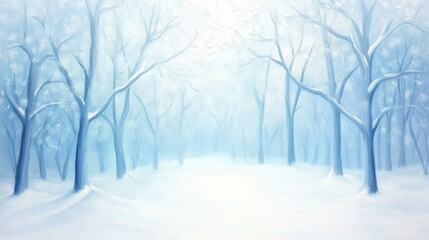 A serene, snowy forest scene with bare trees and a soft blue-white color palette