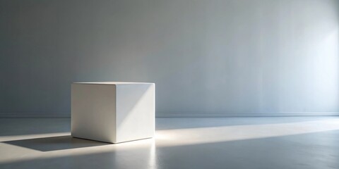 Fototapeta premium A minimalist white cube sits on a bright floor, bathed in sunlight against a neutral wall.
