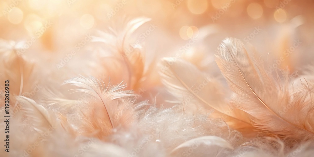 Poster soft, peach-toned feathers in a gentle light with a dreamlike bokeh background