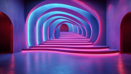 Obraz premium Dynamic neon light show on a virtual stage, a digital art piece set in a futuristic environment with a wide-angle perspective