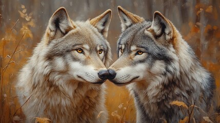 Obraz premium Two wolves nuzzling noses, autumn forest background.