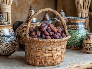 Dates in a wicker basket, Moroccan market setting.