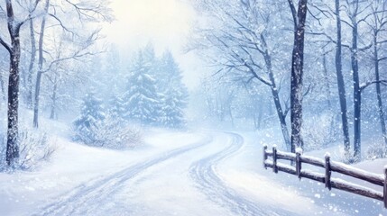 Obraz premium A snowy winter scene with a winding road flanked by trees and a wooden fence