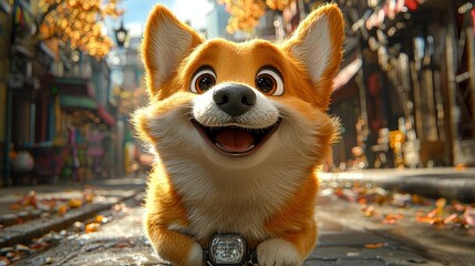 A happy cartoon dog riding a scooter through a lively and colorful village