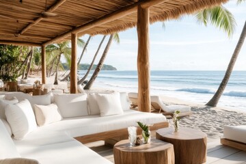Fototapeta premium A private resort beach cabana reserved for VIP guests, with luxurious seating, tropical drinks, and a panoramic ocean view