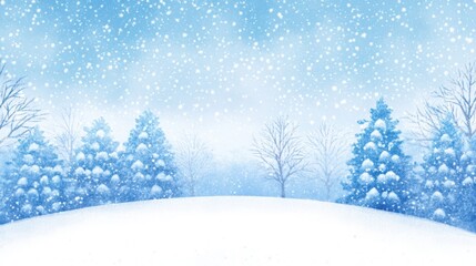 Fototapeta premium A serene snowy landscape with evergreen trees under a gentle snowfall and a soft blue sky