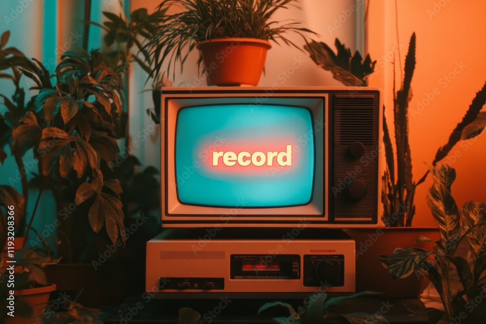 Aufkleber A retro TV playing static noise, with a VHS player displaying a glowing red 