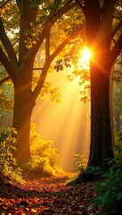 Amber hues of sunlight filtering through the leafy canopy, sunshine, yellow, orange