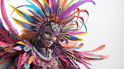 A vibrant festival costume with layered fabrics, intricate stitching, and feather accents, styled with a matching mask on a white background.
