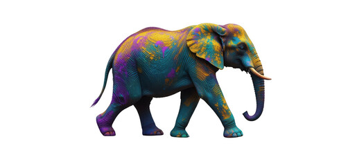 Fototapeta premium Elephant walking with Holi powder covering its feet, with radial concentric circles in shades of teal, purple, and gold, creating a mesmerizing, ripple-like pattern around its legs, isolated on a whit