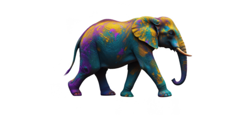 Elephant walking with Holi powder covering its feet, with radial concentric circles in shades of teal, purple, and gold, creating a mesmerizing, ripple-like pattern around its legs, isolated on a whit