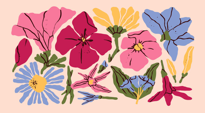 Abstract dry plants. Pressed summer flowers. Various Herbarium branches, Flowers and Leaves. Cartoon style. Hand drawn modern Vector illustration. Isolated design elements. Floral, botanical concept