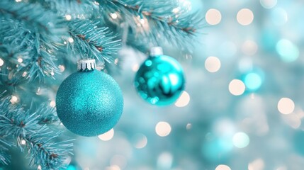 Fototapeta premium Blue Christmas ornaments hanging on a festive tree with a blurred bokeh background