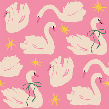 Swan Set. White birds, pink background. Different poses. Cartoon style, flat design. Hand drawn trendy Vector illustration. Square seamless Pattern, wrapping paper, wallpaper template