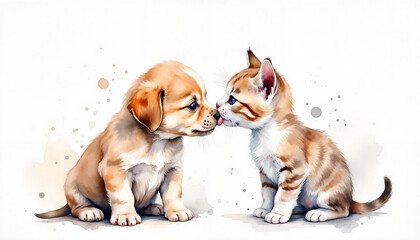 Playful puppy and kitten sharing a kiss, joy of friendship