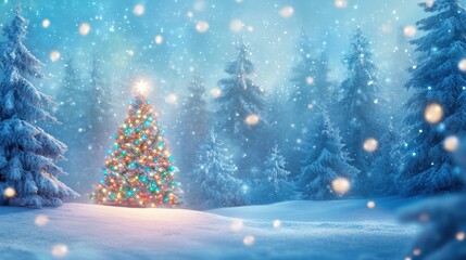 Obraz premium A festively lit Christmas tree in a snowy forest with gentle snowfall