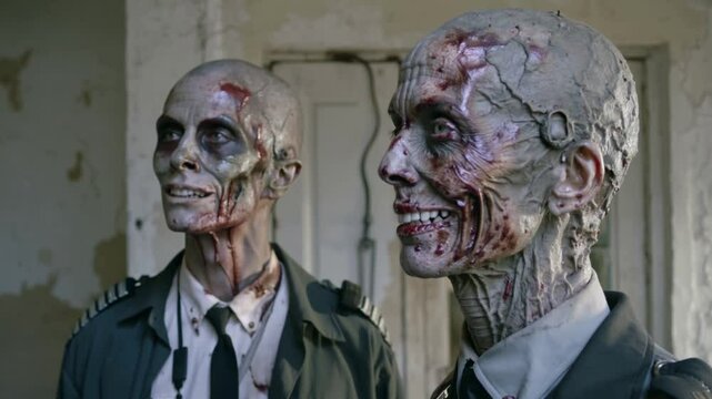 Zombies en uniforme de policier dans une sc&egrave;ne apocalyptique