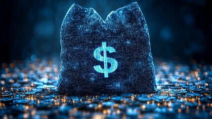 Digital Money Bag: Binary Code and Dollar Sign blue dark data coins