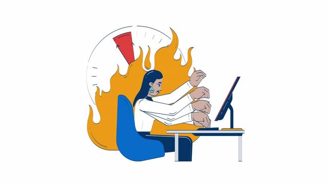 Overworked professional under deadline pressure doodle animation. Workplace burnout 4K video motion graphic. Multitasking stressed office worker animated 2D flat cartoon concept, white background