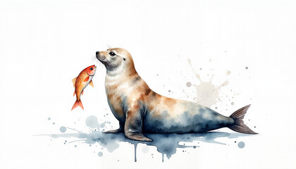 Fototapeta premium Seal holding fish in watercolor style, joyful marine life