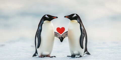 Obraz premium Valentine penguin with romance and joy idea. Two penguins holding a heart symbol in snow.