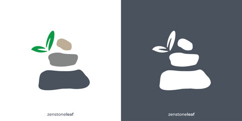 Creative Zenstone Leaf Logo. Stone Rock Balancing and Nature Leaf Icon Graphic. Spa Wellness Logo Design Template.