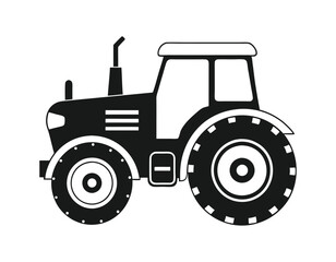 black and white silhouette of a tractor with large rear wheels and smaller front wheels, featuring a cabin and exhaust pipe, ideal for agricultural and farming-related designs.