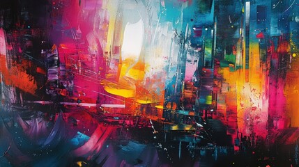 Obraz premium Vibrant abstract painting with bold colors and dynamic brushstrokes, suggesting a cityscape or futuristic landscape.