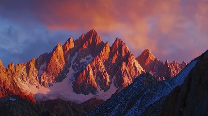 Obraz premium Majestic Mountain Range at Sunrise Dramatic Alpine Peaks Snow Capped Golden Hour