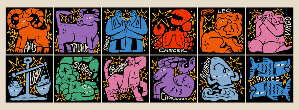 Astrological zodiac signs. Aries, Taurus, Leo, Gemini, Virgo, Scorpio, Libra, Aquarius, Sagittarius, Pisces, Capricorn, Cancer. Horoscope, zodiac Constellation. Hand drawn trendy Vector illustration