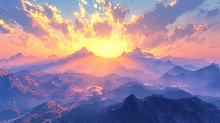 Majestic Sunrise Over Misty Mountain Ranges Breathtaking Panoramic Landscape View