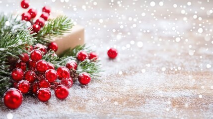 Holiday-themed arrangement with red berries, green pine branches, and a candle on a snowy backdrop