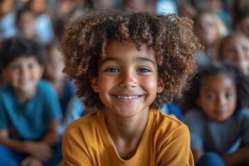 A classroom scene with elementary school pupils sitting on the floor