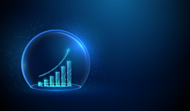 Abstract blue grawing chart inside a glass dome. Neon sphere shield. Business strategy, financial, investment concept. Futuristic low poly wireframe style