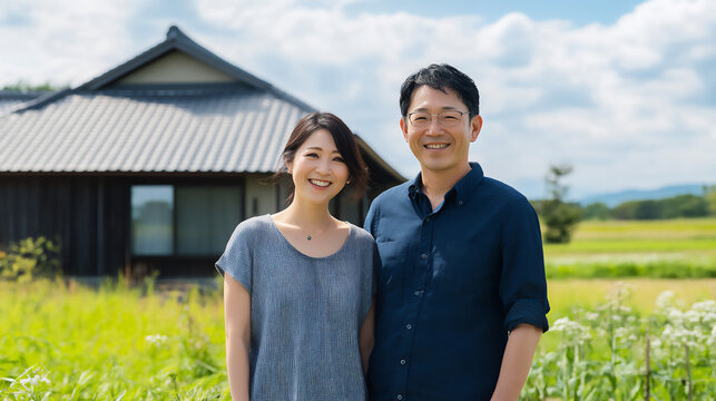 地方移住して青空の下で微笑む30代の日本人夫婦