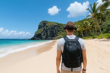 Fototapeta premium A man carrying a backpack is leisurely walking along a beach shore. VR Games and Immersive Experiences
