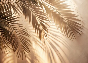 Obraz premium Abstract Beige Wall with Blurred Palm Leaf Shadows - Minimalist Double Exposure Stock Photo