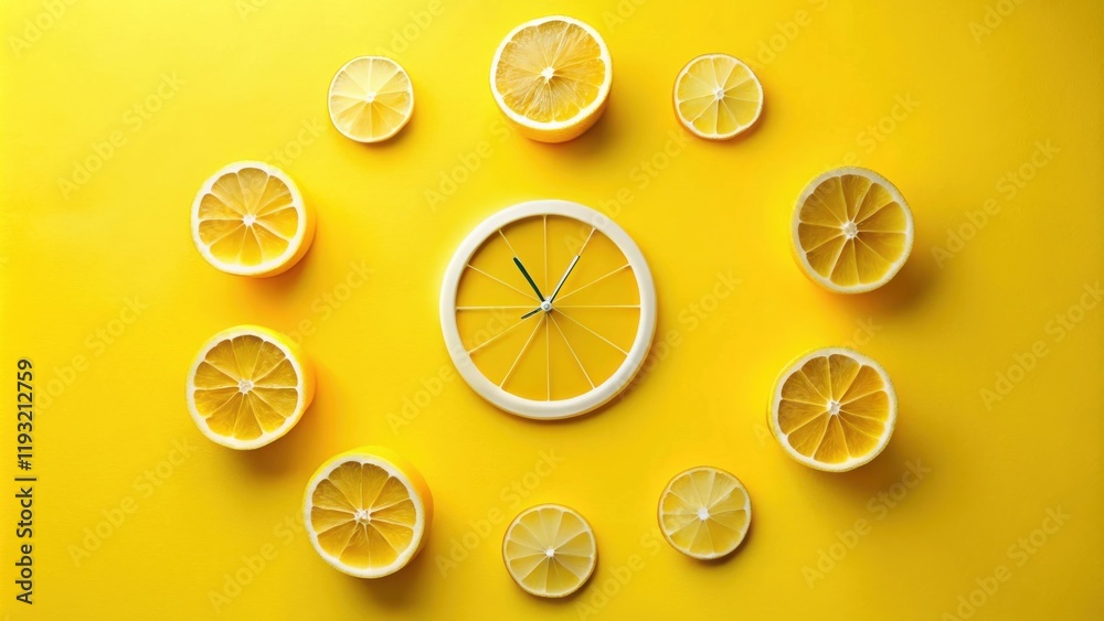 Poster a citrus timepiece zesty lemon slices arranged around a clock face on a vibrant yellow background