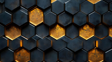 Dark Hexagonal Grid with Golden Accents: Abstract 3D Background