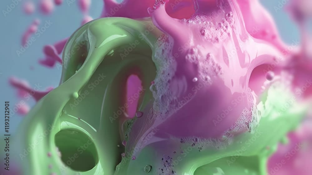 Poster Energetic animated splashes of pink and green liquids. Smooth texture and realistic splashes come to life on a soft blue background, creating volume and vibrancy