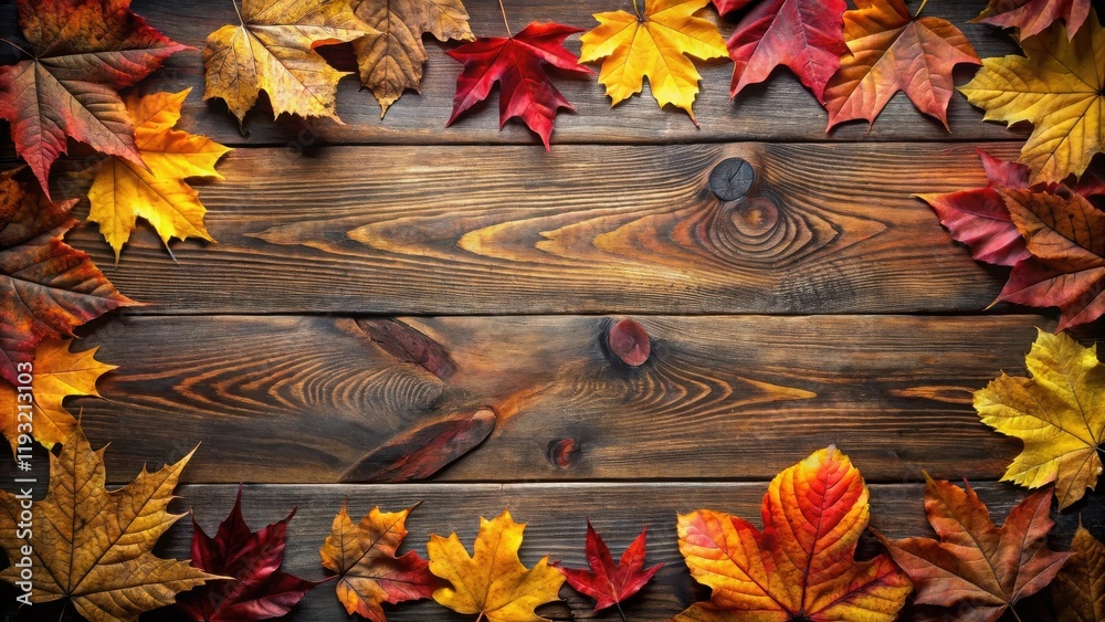 Poster autumnal foliage arranged on rustic wooden planks creating a vibrant fall border
