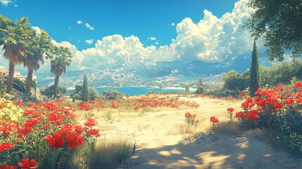 Sunny Mediterranean landscape with red flowers, path, and coastal view.